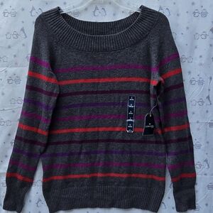 St. John's Bay Dark Grey Boat Neck Sweater in Purple and Red Striped. Size L